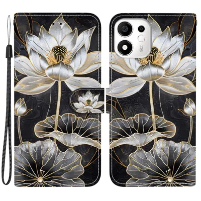 For Honor 600 Smart 5G Wallet Case Flip Stand Pattern Printing PU Leather Phone Cover with Wrist Strap - Gold Ink Lotus