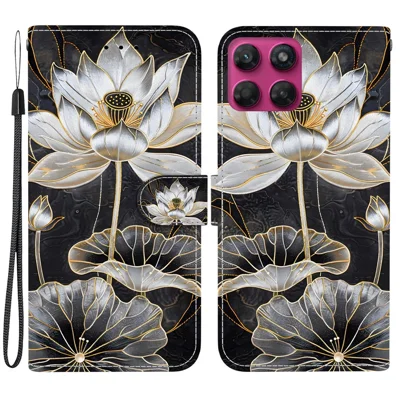 Étui portefeuille pour Motorola Moto G47 5G / G37 5G, étui à rabat avec support, impression de motif, housse en cuir PU avec dragonne - Lotus doré