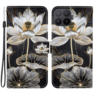 For Xiaomi 17T Pro Wallet Case Flip Stand Pattern Printing PU Leather Phone Cover with Wrist Strap - Gold Ink Lotus