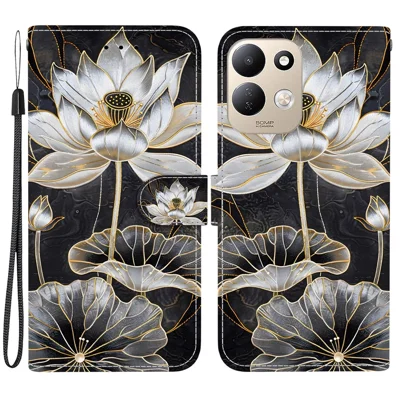 جراب محفظة قابل للطي بتصميم طباعة زهور ذهبية مناسب لـ Xiaomi Redmi 17 5G / 17 4G، غطاء هاتف من جلد PU مع حامل قابل للطي وحزام معصم - زهور ذهبية على خلفية سوداء