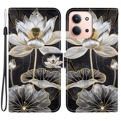 For Xiaomi Redmi 15C 5G (EU) (173mm)  /  15C 4G (EU) (173mm) Wallet Case Flip Stand Pattern Printing PU Leather Phone Cover with Wrist Strap - Gold Ink Lotus