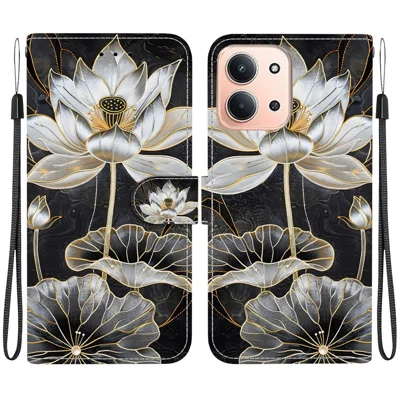Étui portefeuille pour Xiaomi Redmi 15C 4G (Global) (171 mm) / Poco C85 4G (171 mm) - Support rabattable avec impression de motif, housse en cuir synthétique PU avec dragonne - Lotus doré à l'encre