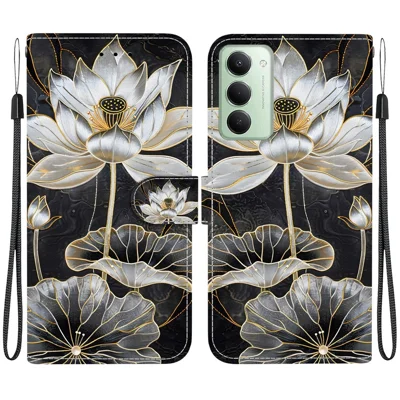 For Xiaomi Redmi 15 5G (EU) (171mm)  /  15 4G (EU) (171mm) Wallet Case Flip Stand Pattern Printing PU Leather Phone Cover with Wrist Strap - Gold Ink Lotus