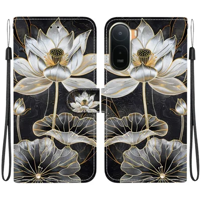 For Xiaomi Redmi A7 Pro 5G  /  A7 Pro 4G (171.56mm) Wallet Case Flip Stand Pattern Printing PU Leather Phone Cover with Wrist Strap - Gold Ink Lotus