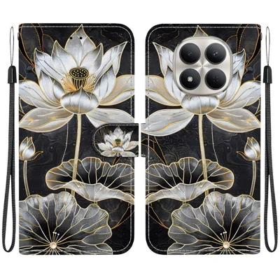 For Xiaomi Redmi Note 15 Pro+ 5G (Global)  /  Poco M8 Pro 5G Wallet Case Flip Stand Pattern Printing PU Leather Phone Cover with Wrist Strap - Gold Ink Lotus