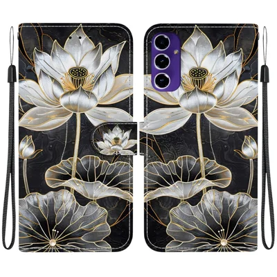 For Samsung Galaxy A16 5G  /  A16 4G Wallet Case Flip Stand Pattern Printing PU Leather Phone Cover with Wrist Strap - Gold Ink Lotus
