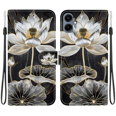 Wallet Case For Samsung Galaxy A08 5G  /  A08 4G  /  A07 5G  /  A07 4G Flip Stand Pattern Printing PU Leather Phone Cover with Wrist Strap - Gold Ink Lotus
