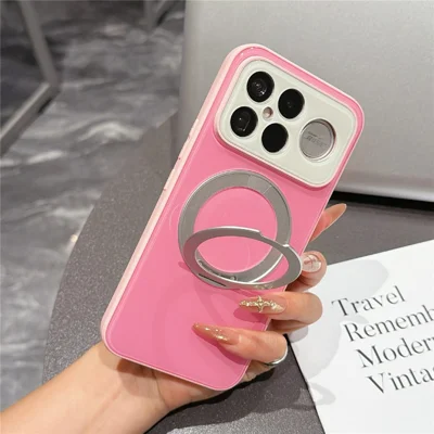 Voor Xiaomi Redmi K90 Pro Max 5G / Poco F8 Ultra hoesje Magnetische draaibare standaard Kleurblockontwerp PC + TPU telefoonhoes - Roze + Wit