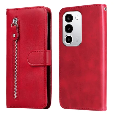 غطاء جوال من جلد PU مع محفظة وحقيبة بسحاب لهاتف Realme C100x 4G / Realme C100i 4G / Realme C100 4G - أحمر