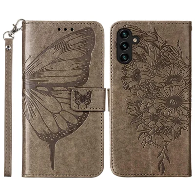 For Samsung Galaxy A34 5G Wallet Case with Wrist Strap Butterfly Imprint Leather Phone Cover - Grey