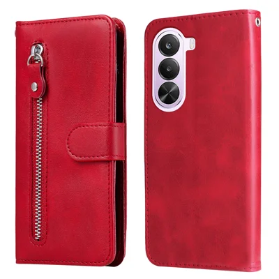 Cover in PU Pelle per OnePlus Nord CE6 Lite 5G / Realme P4x 5G con Portafoglio con Tasca a Cerniera e Supporto - Rosso