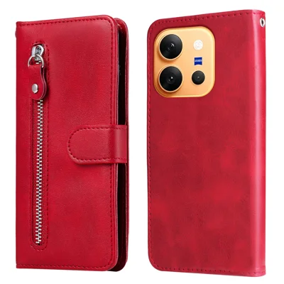  For vivo X300 E 5G PU Leather Cases with Zipper Pocket Wallet Phone Cover Stand - Red