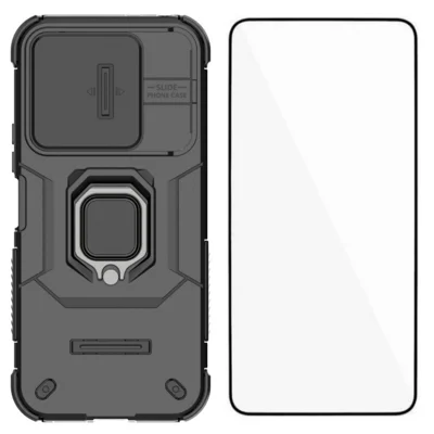 WANLONFENG para Xiaomi Redmi 17 5G / Xiaomi Redmi 17 4G Serie ZDX Funda PC TPU con Soporte Giratorio y Cubierta para Lente + Cristal Templado - Negro