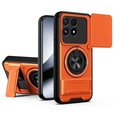 For Xiaomi Poco F9 Pro 5G Magnetic Case Ring Holder Foldable Kickstand TPU PC Phone Cover with Camera Lens Slider - Orange