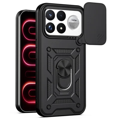 Cover per Xiaomi Poco F9 Ultra 5G con Coperchio Scorrevole per Fotocamera, Custodia con Supporto Rotante in PC + TPU - Nero