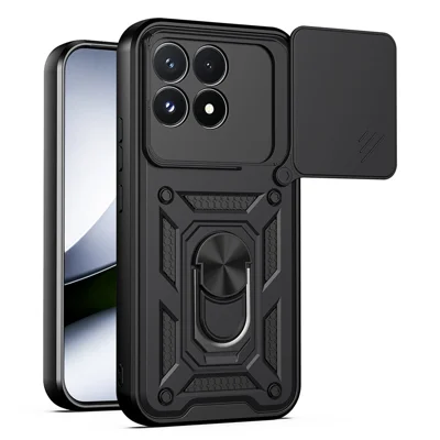 For Xiaomi Poco F9 Pro 5G Case with Slide Camera Lid PC + TPU Kickstand Phone Cover - Black