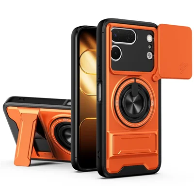 För TECNO Spark 50 Pro 4G Magnetisk Skal Med Ringhållare Vinklingsbar Ficklampa TPU PC Telefonhölse Med Skjutbar Objektivskydd - Orange