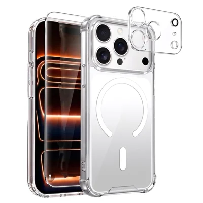 For iPhone 18 Pro Max Magnetic Case TPU + Acrylic Air Cushion Corners Protective Phone Cover with Lens Protector + Tempered Glass Film - Transparent