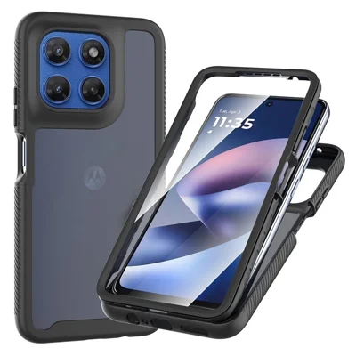 For Motorola Moto G37 5G Case Translucent Matte PC + TPU Phone Back Cover with PET Screen Film - Black