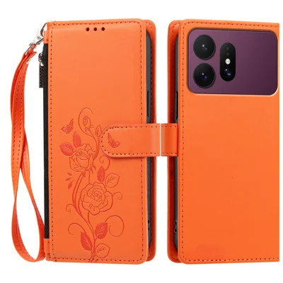  For Samsung Galaxy S27 Ultra Case Rose Pattern Imprinted Wallet Stand PU Leather Phone Cover with Wrist Strap - Orange