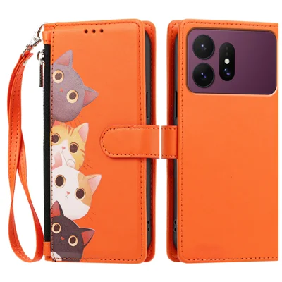  For Samsung Galaxy S27 Ultra Case Cute Cat Pattern PU Leather Flip Wallet Phone Cover with Wrist Strap - Orange