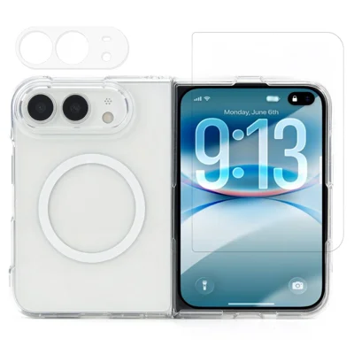 For iPhone Fold Magnetic Case TPU + Acrylic Clear Phone Cover with Camera Lens Protector + Tempered Glass Screen Film - Transparent