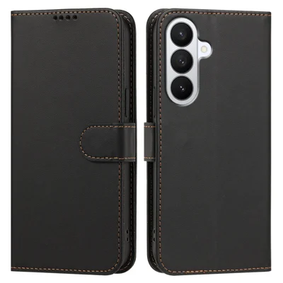  For Samsung Galaxy S27+ Leather Case Wallet Stand Solid Color Anti Drop Phone Cover - Black