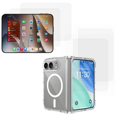 For iPhone Fold Magnetic Case PC + TPU Clear Phone Cover + 2Pcs Outer Screen Tempered Glass Film + 2Pcs Inner Screen Hydrogel Film - Transparent