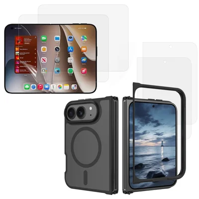 For iPhone Fold Magnetic Case TPU + PC Skin-Feel Phone Cover with 2Pcs Outer Screen Tempered Glass Film + 2Pcs Inner Screen Hydrogel Film - Black