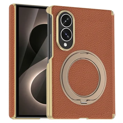 Coque pour Samsung Galaxy Z Fold8 avec anneau magnétique rotatif, trépied, texture en cuir type grainé, protection de charnière - Brun