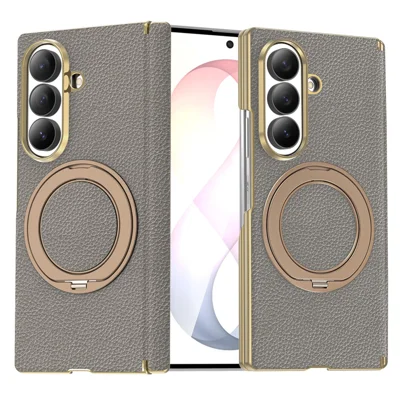 For Samsung Galaxy Z Fold8 Ultra Case Rotating Magnetic Ring Kickstand Litchi Texture Leather Hinge Protection Phone Cover - Grey