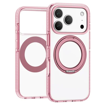 For iPhone 17 Pro Magnetic Case Metal Rotating Kickstand PC + TPU Clear Phone Cover - Pink