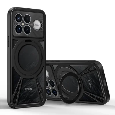 Étui pour Xiaomi Redmi K100 Pro Max 5G / Poco F9 Ultra 5G avec support rotatif magnétique, dissipation thermique creuse, silicone + PC + pare-chocs en métal - Noir