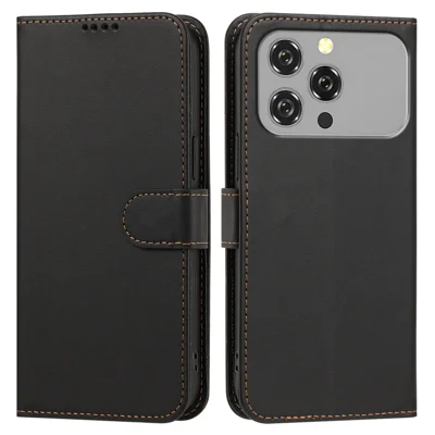  For Oukitel C17 Leather Case Wallet Stand Solid Color Anti Drop Phone Cover - Black