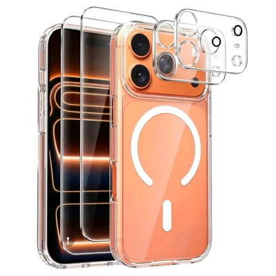 For iPhone 18 Pro Max Magnetic Case TPU 1.5mm Acrylic Phone Cover + 2Pcs Tempered Glass Outer Screen Film + 2Pcs Lens Film - Transparent