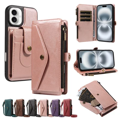  For iPhone 16 Plus Magnetic Case Detachable RFID Blocking Wallet PU Leather + Matte TPU Phone Cover with Straps - Rose Gold