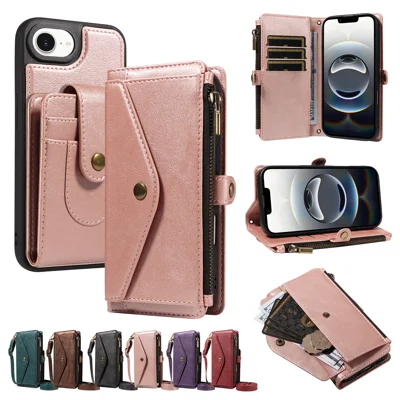Voor iPhone 16e / iPhone 17e Magnetische Hoesje Afneembare RFID-blokkerende Portefeuille PU Leer + Matte TPU Telefoonhoesje met Riemen - Rosé Goud