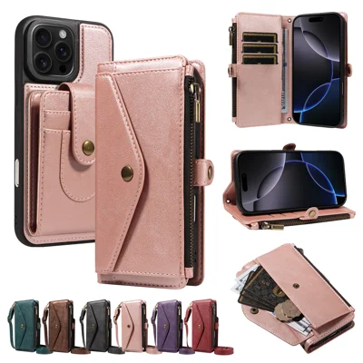 Capa Magnética para iPhone 16 Pro Max com Carteira Amovível, Bloqueio RFID, Capa em PU + TPU Mate com Alças - Dourado Rosa