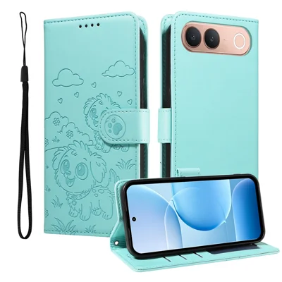 For vivo V80 Lite 5G (IN / PK) / vivo S2 5G Case RFID Blocking Imprinted Dog Pattern PU Leather Phone Cover with Wrist Strap - Green