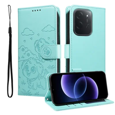  For Xiaomi Poco C95 Pro Case RFID Blocking Imprinted Dog Pattern PU Leather Phone Cover with Wrist Strap - Green
