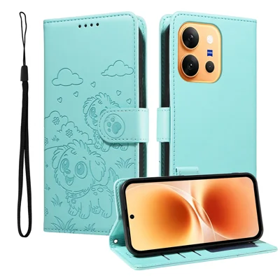  For vivo X300 E 5G Case RFID Blocking Imprinted Dog Pattern PU Leather Phone Cover with Wrist Strap - Green