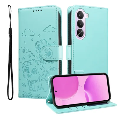 Cover per OnePlus Nord CE6 Lite 5G / Realme P4x 5G con Blocco RFID, Motivo Stampe di Cane in Pelle PU con Cinturino da Polso - Verde