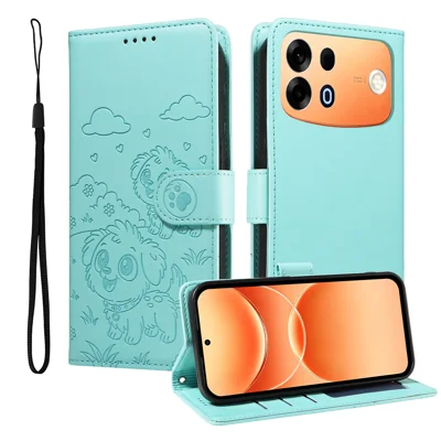 Voor Oppo A7 Pro Max 5G Hoesje RFID Blokkering Ingeperst Hondenpatroon PU Leren Telefoonhoesje met Polsriem - Groen