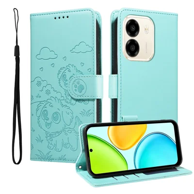  For Honor X7e 4G / Honor Play 80 Plus 5G / Honor X6e 4G Case RFID Blocking Imprinted Dog Pattern PU Leather Phone Cover with Wrist Strap - Green