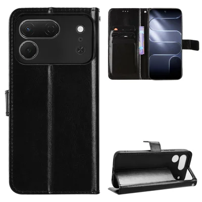 För TECNO Spark 50 Pro 4G PU-läderfodral med band Crazy Horse-textur Hållare för telefonplånbok - Svart