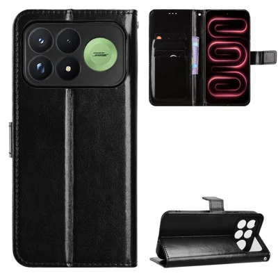 For Xiaomi Poco F9 Pro 5G / Redmi K100 Pro 5G (China) PU Leather Case with Strap Crazy Horse Texture Phone Wallet Cover - Black