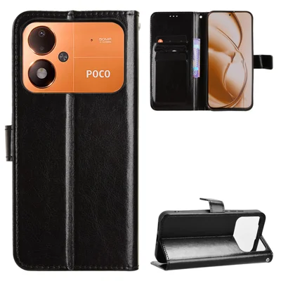  For Xiaomi Poco M8 Power 5G PU Leather Case with Strap Crazy Horse Texture Phone Wallet Cover - Black