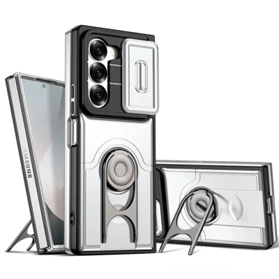  For Samsung Galaxy Z Fold6 5G Case with Slide Camera Cover Kickstand PC + TPU Protective Phone Shell - Silver