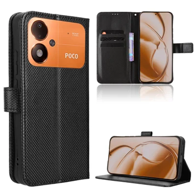  For Xiaomi Poco M8 Power 5G Leather Wallet Case with Strap Diamond Texture Phone Cover - Black