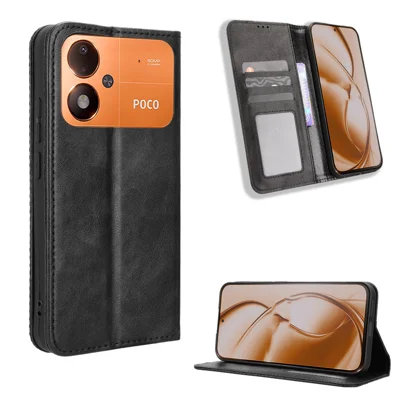  For Xiaomi Poco M8 Power 5G Leather Case Wallet Stand Retro Texture Phone Cover - Black